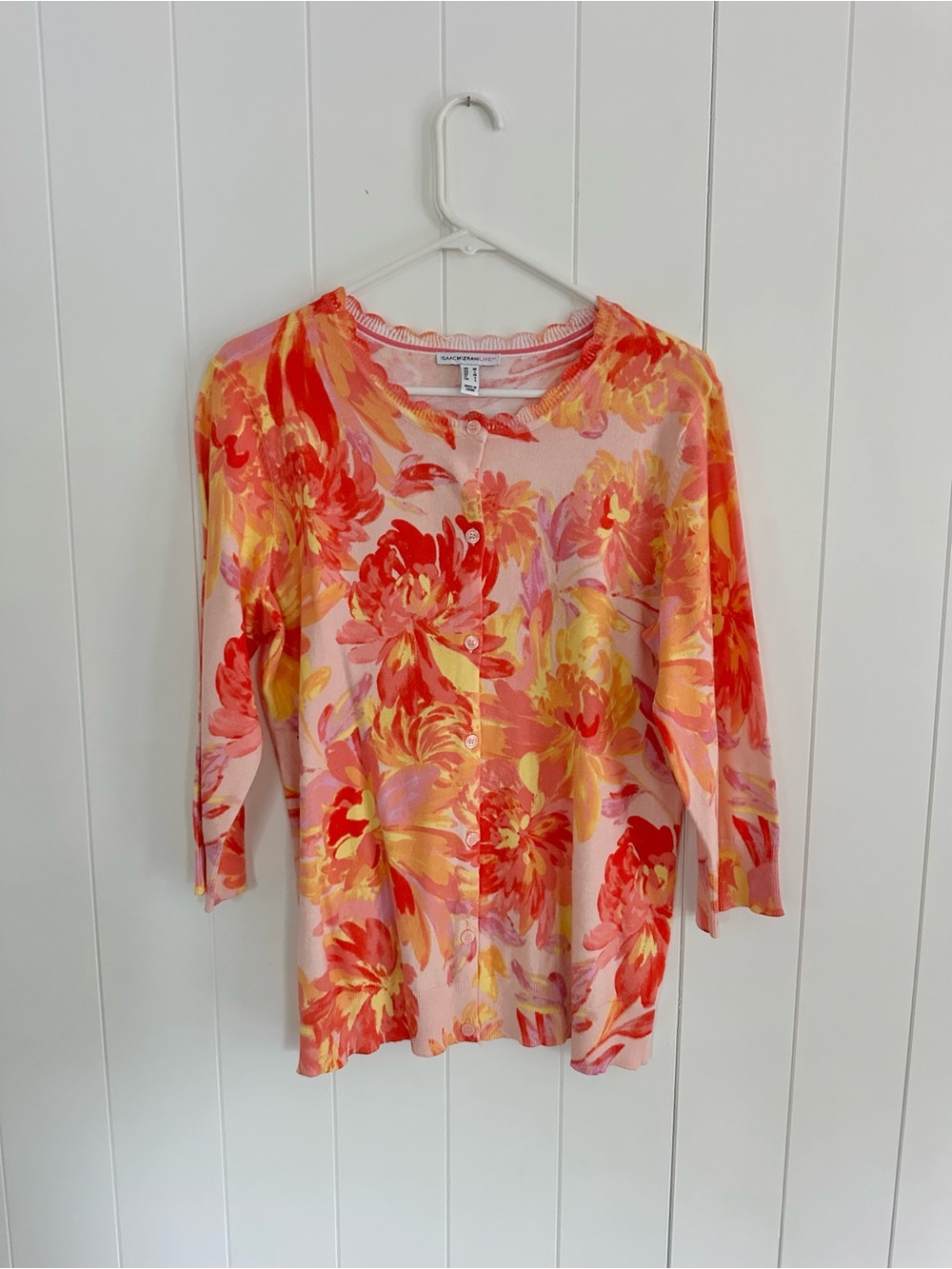 Isaac Mizrahi Large Red Orange Floral 3/4 Sleeve Lightweight Cardigan